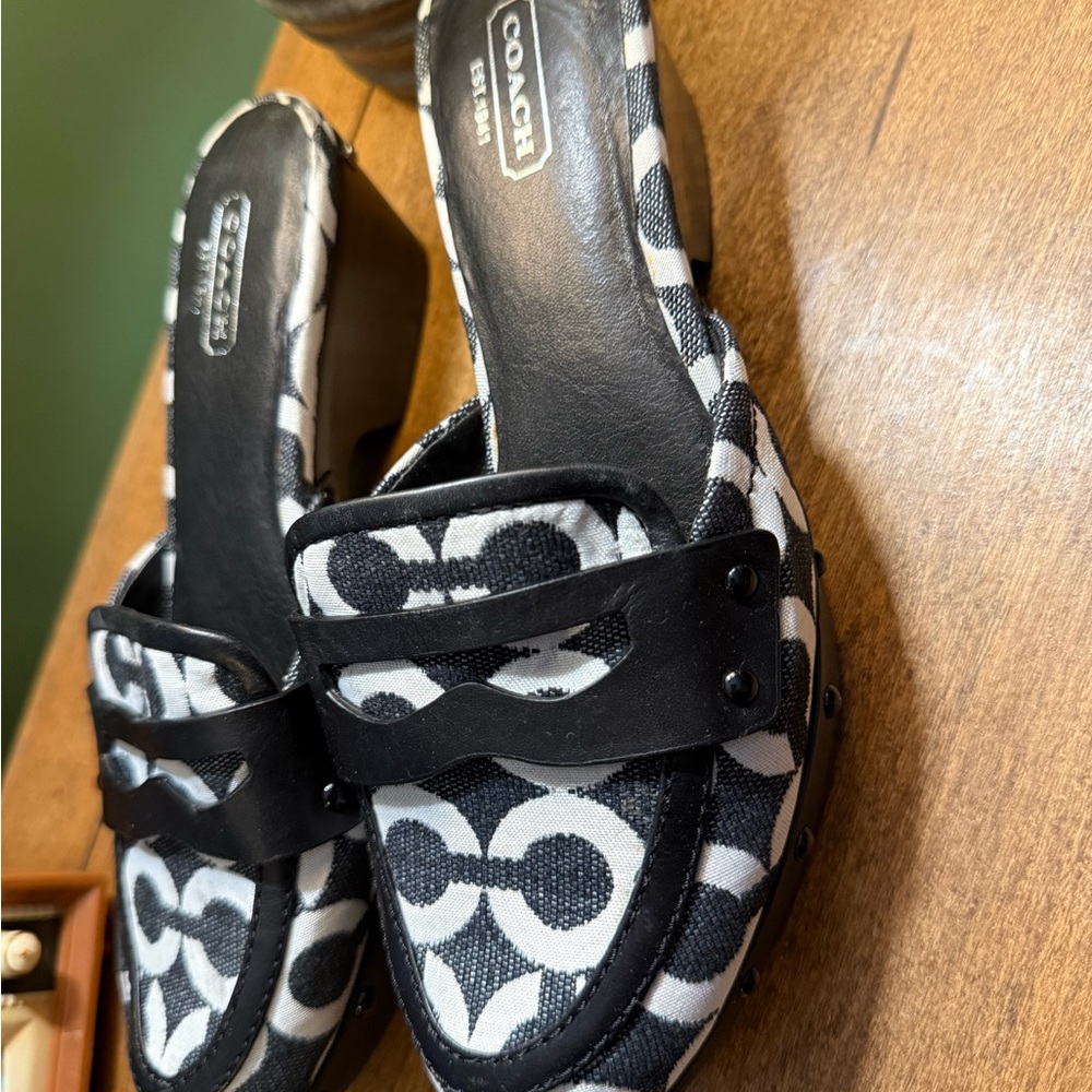 Coach Black and White Patterned Mules
